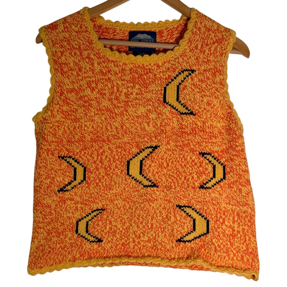 Rey Wear 90's Women's Hand Knitted Moon Sweater Vest Orange Medium